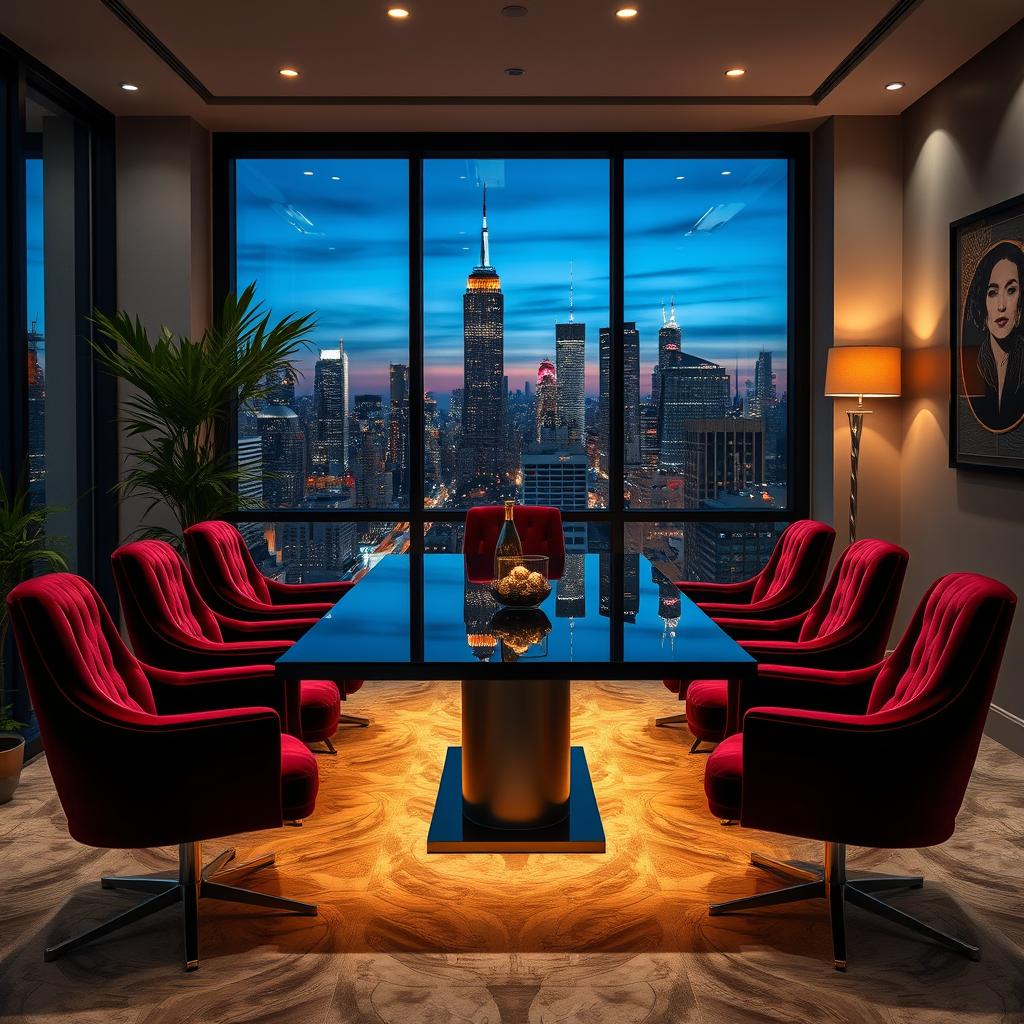 A seductive and elegant meeting room scene, featuring a beautifully designed modern table at the center, surrounded by plush velvet chairs in rich colors like burgundy and gold