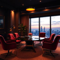 A seductive and elegant meeting room scene, featuring a beautifully designed modern table at the center, surrounded by plush velvet chairs in rich colors like burgundy and gold