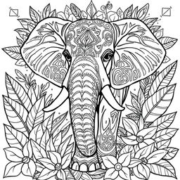 A detailed black and white illustration for an adult animal coloring book featuring a majestic elephant with intricate patterns on its skin, surrounded by stylized tropical leaves and flowers