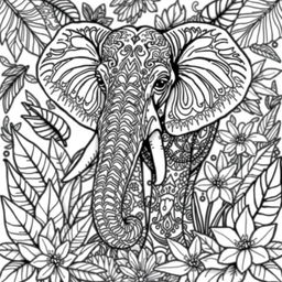 A detailed black and white illustration for an adult animal coloring book featuring a majestic elephant with intricate patterns on its skin, surrounded by stylized tropical leaves and flowers