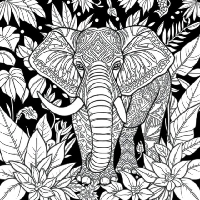 A detailed black and white illustration for an adult animal coloring book featuring a majestic elephant with intricate patterns on its skin, surrounded by stylized tropical leaves and flowers