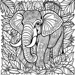 A detailed black and white illustration for an adult animal coloring book featuring a majestic elephant with intricate patterns on its skin, surrounded by stylized tropical leaves and flowers