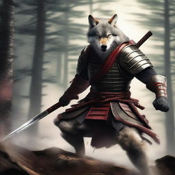 A hyper-realistic digital art image featuring a brave wolf in a fierce samurai battle