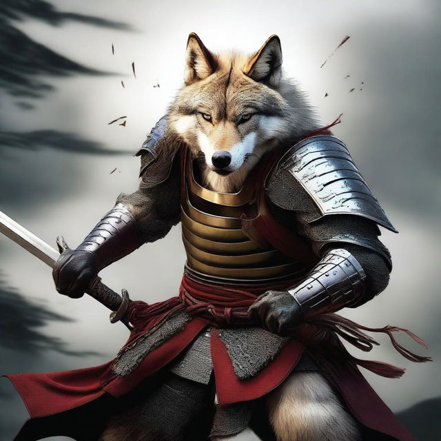 A hyper-realistic digital art image featuring a brave wolf in a fierce samurai battle