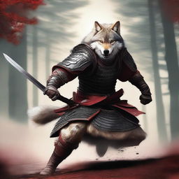 A hyper-realistic digital art image featuring a brave wolf in a fierce samurai battle