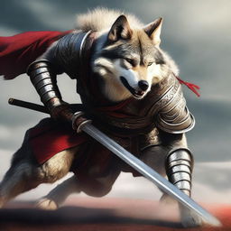 A hyper-realistic digital art image featuring a brave wolf in a fierce samurai battle