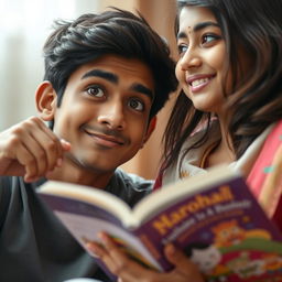 Close-up of Arjun, a young man with a friendly, apologetic expression, pointing towards a book held by Aarohi