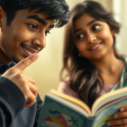 Close-up of Arjun, a young man with a friendly, apologetic expression, pointing towards a book held by Aarohi