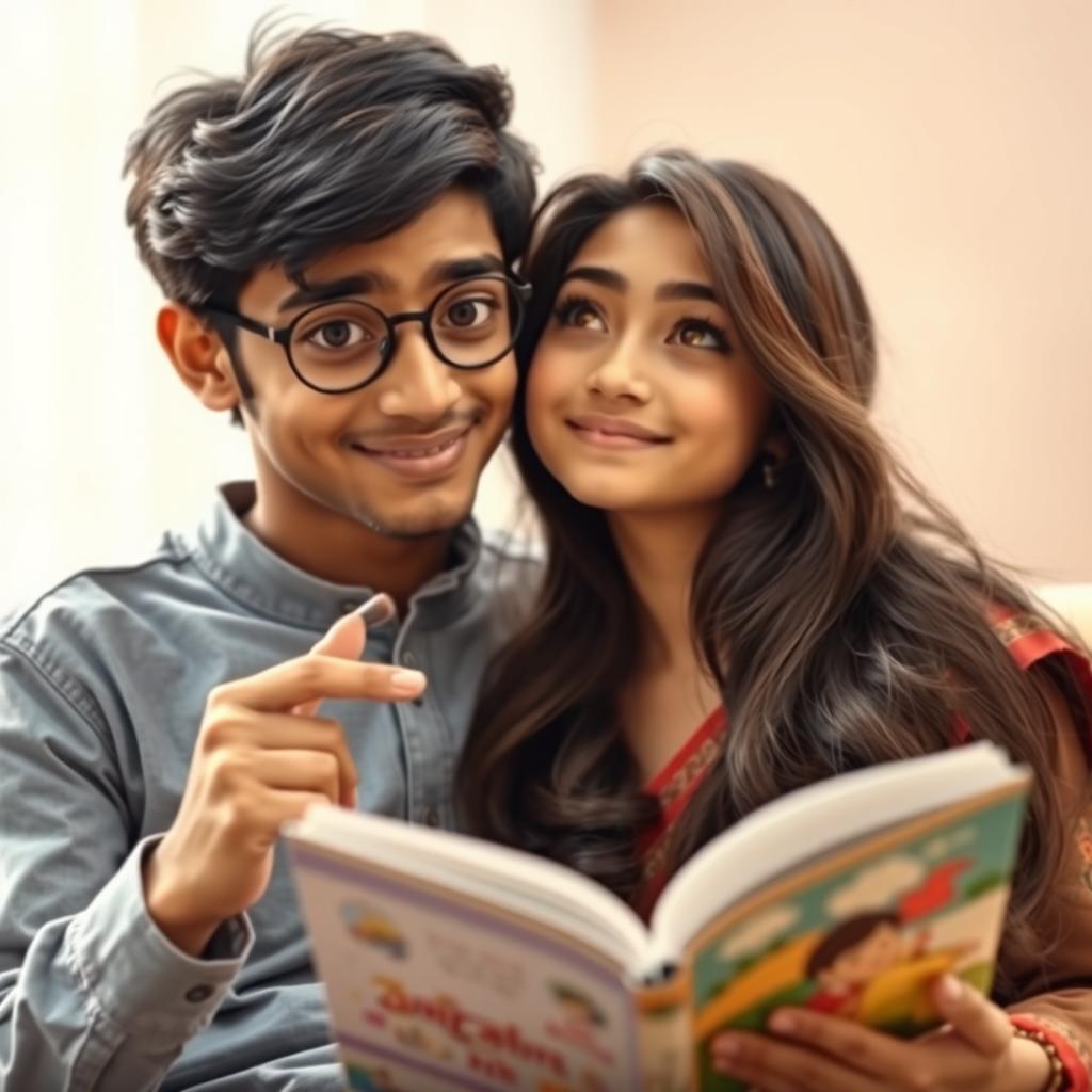 Close-up of Arjun, a young man with a friendly, apologetic expression, pointing towards a book held by Aarohi