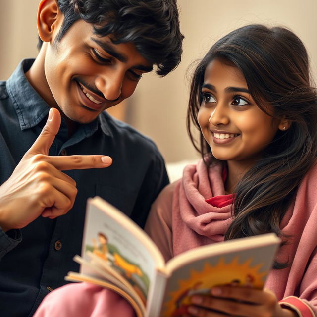 Close-up of Arjun, a young man with a friendly, apologetic expression, pointing towards a book held by Aarohi