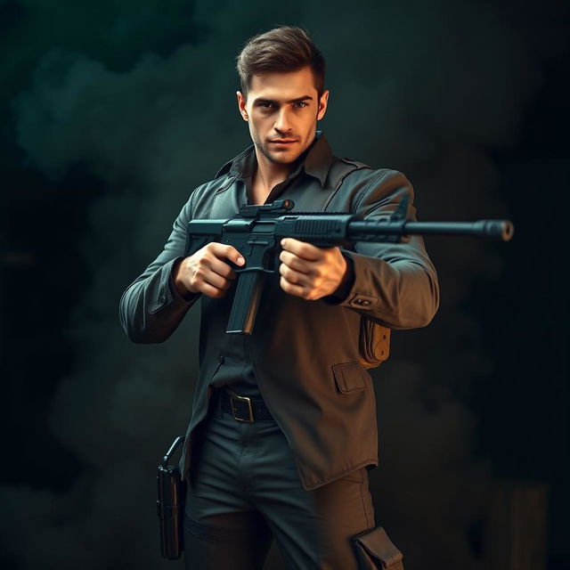 A striking portrait of a male figure embodying strength and authority, holding a gun confidently