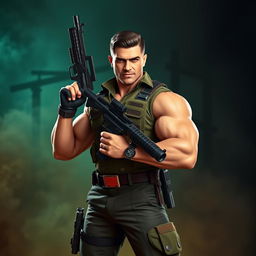A striking portrait of a male figure embodying strength and authority, holding a gun confidently