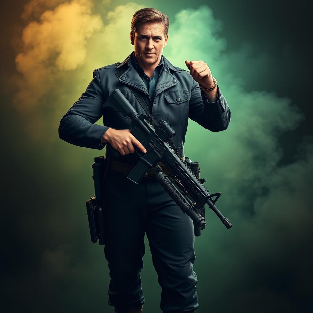 A striking portrait of a male figure embodying strength and authority, holding a gun confidently