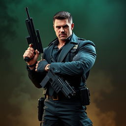 A striking portrait of a male figure embodying strength and authority, holding a gun confidently