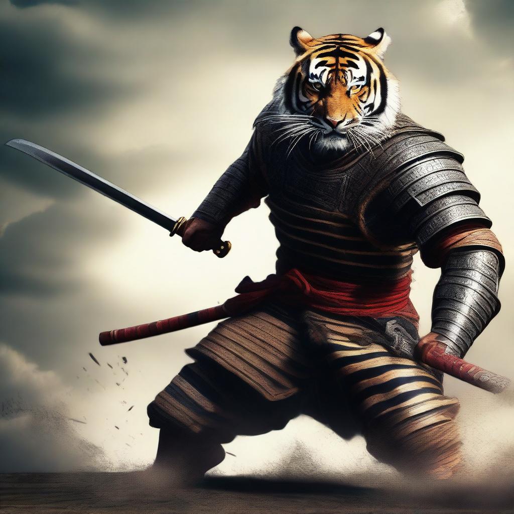 A hyper-realistic digital art image portraying a brave tiger in a fierce samurai battle