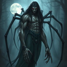 A spider lord in the form of a shapeshifter, featuring long black hair and striking reddish eyes
