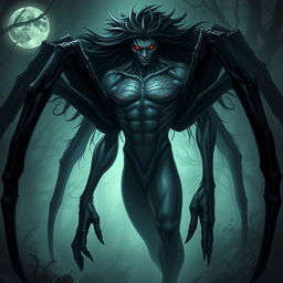 A spider lord in the form of a shapeshifter, featuring long black hair and striking reddish eyes