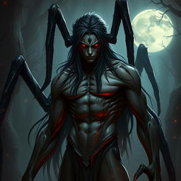 A spider lord in the form of a shapeshifter, featuring long black hair and striking reddish eyes
