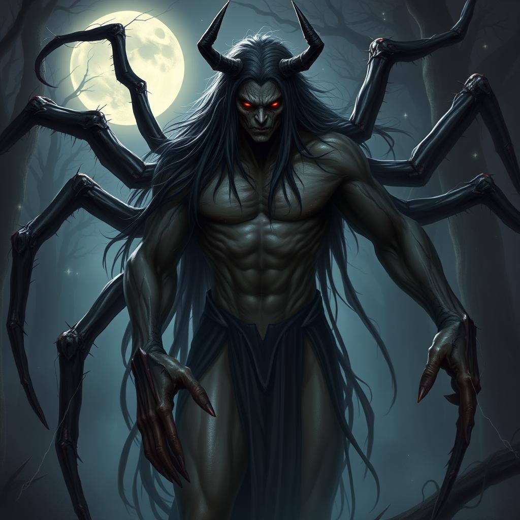 A spider lord in the form of a shapeshifter, featuring long black hair and striking reddish eyes