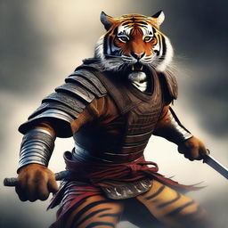 A hyper-realistic digital art image portraying a brave tiger in a fierce samurai battle