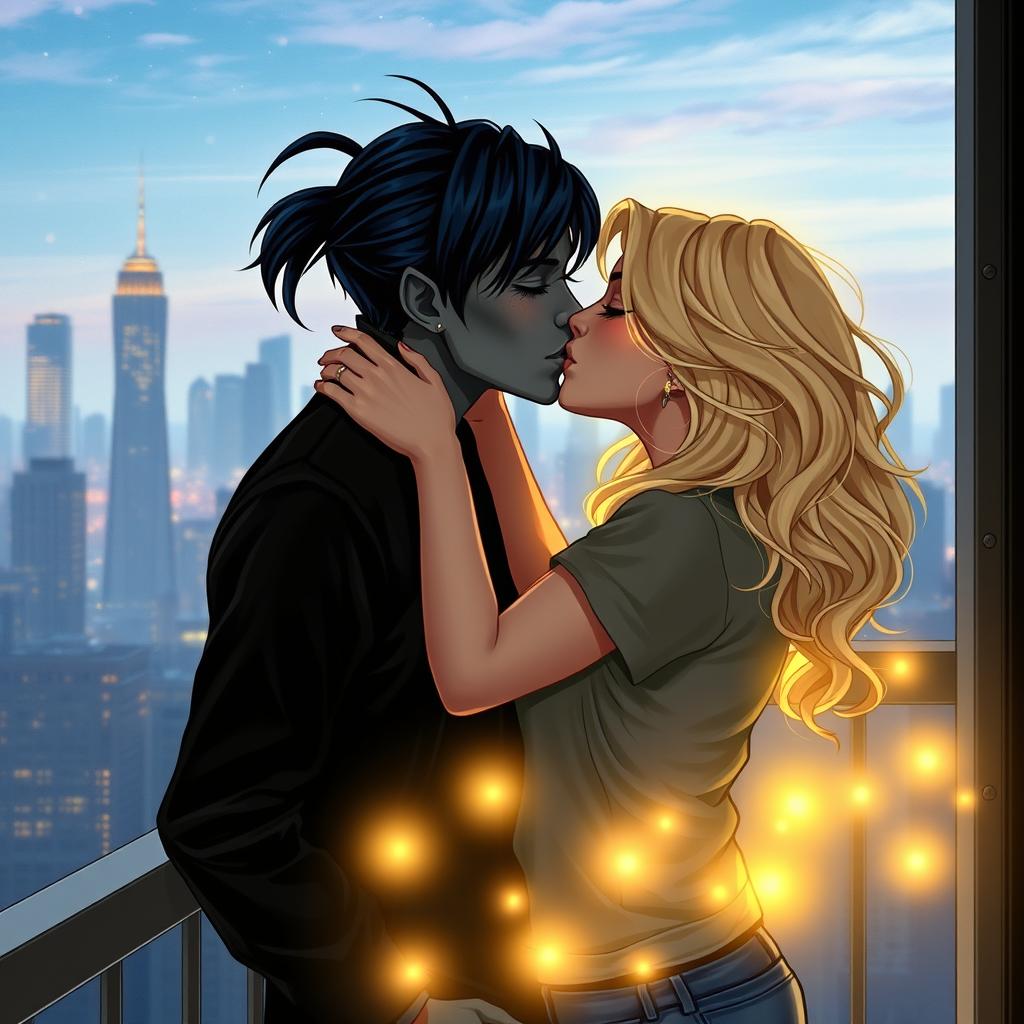 A romantic urban fantasy scene of a couple kissing on a balcony