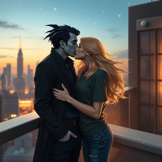 A romantic urban fantasy scene of a couple kissing on a balcony