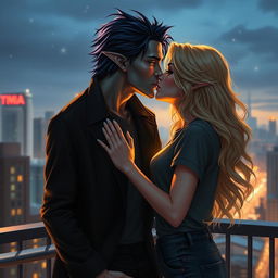 A romantic urban fantasy scene of a couple kissing on a balcony