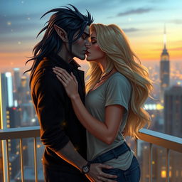 A romantic urban fantasy scene of a couple kissing on a balcony