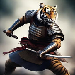 A hyper-realistic digital art image portraying a brave tiger in a fierce samurai battle