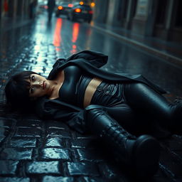 A dramatic and atmospheric scene featuring a woman lying on a wet cobblestone street during a rainstorm