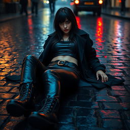 A dramatic and atmospheric scene featuring a woman lying on a wet cobblestone street during a rainstorm