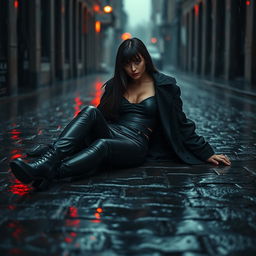 A dramatic and atmospheric scene featuring a woman lying on a wet cobblestone street during a rainstorm