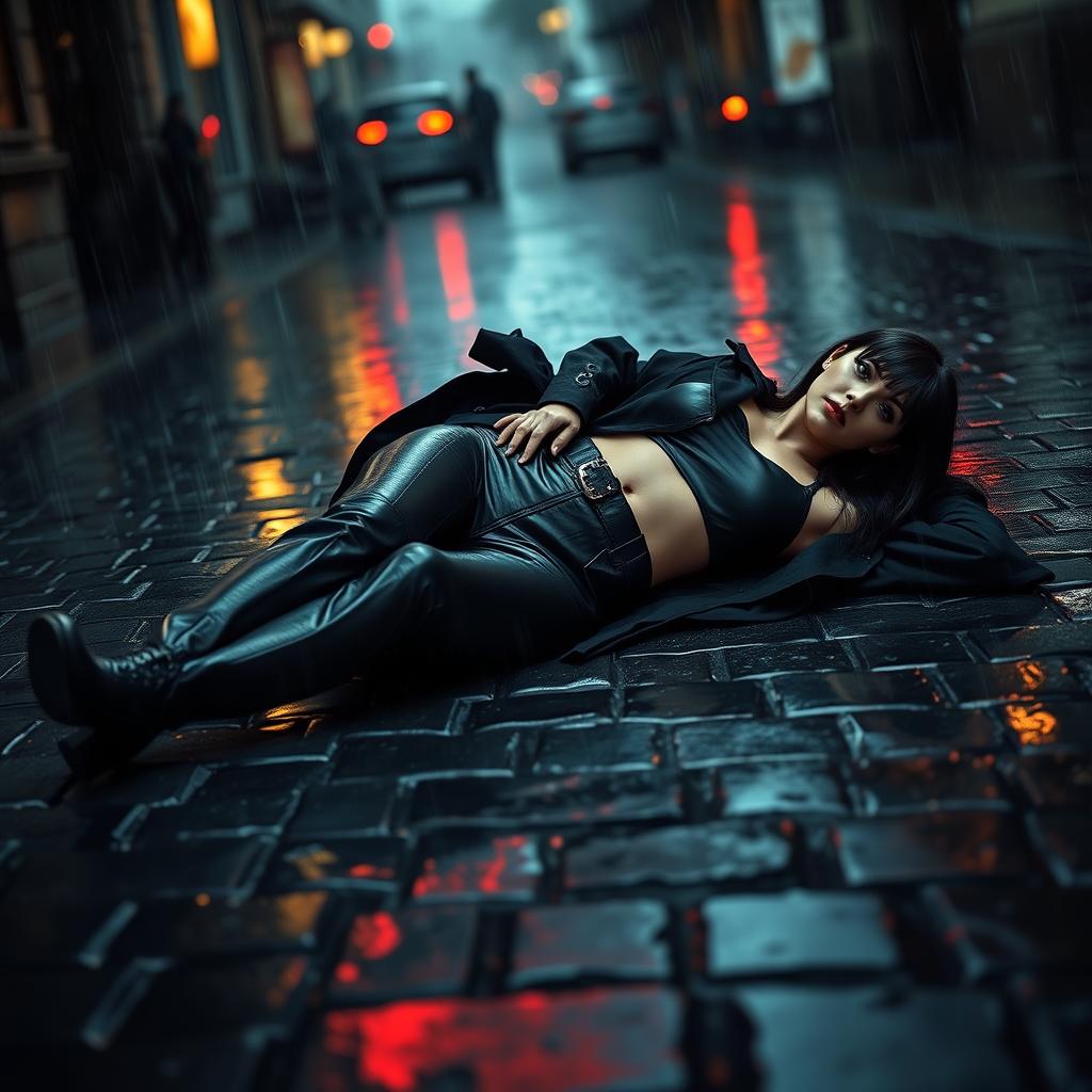 A dramatic and atmospheric scene featuring a woman lying on a wet cobblestone street during a rainstorm