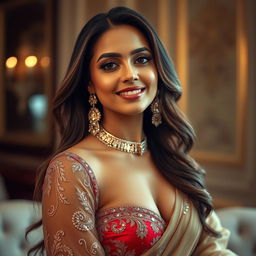 A glamorous portrait of a beautiful Indian actress, radiating confidence and allure, dressed in a stunning and fashionable ensemble