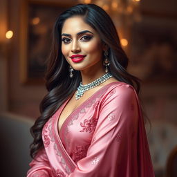 A glamorous portrait of a beautiful Indian actress, radiating confidence and allure, dressed in a stunning and fashionable ensemble