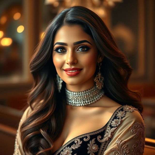 A glamorous portrait of a beautiful Indian actress, radiating confidence and allure, dressed in a stunning and fashionable ensemble