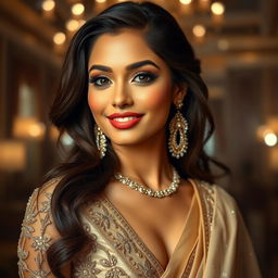 A glamorous portrait of a beautiful Indian actress, radiating confidence and allure, dressed in a stunning and fashionable ensemble