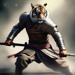 A hyper-realistic digital art image portraying a brave tiger in a fierce samurai battle