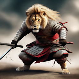 A hyper-realistic digital art image featuring a brave lion in a fierce samurai battle