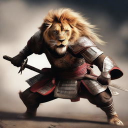 A hyper-realistic digital art image featuring a brave lion in a fierce samurai battle