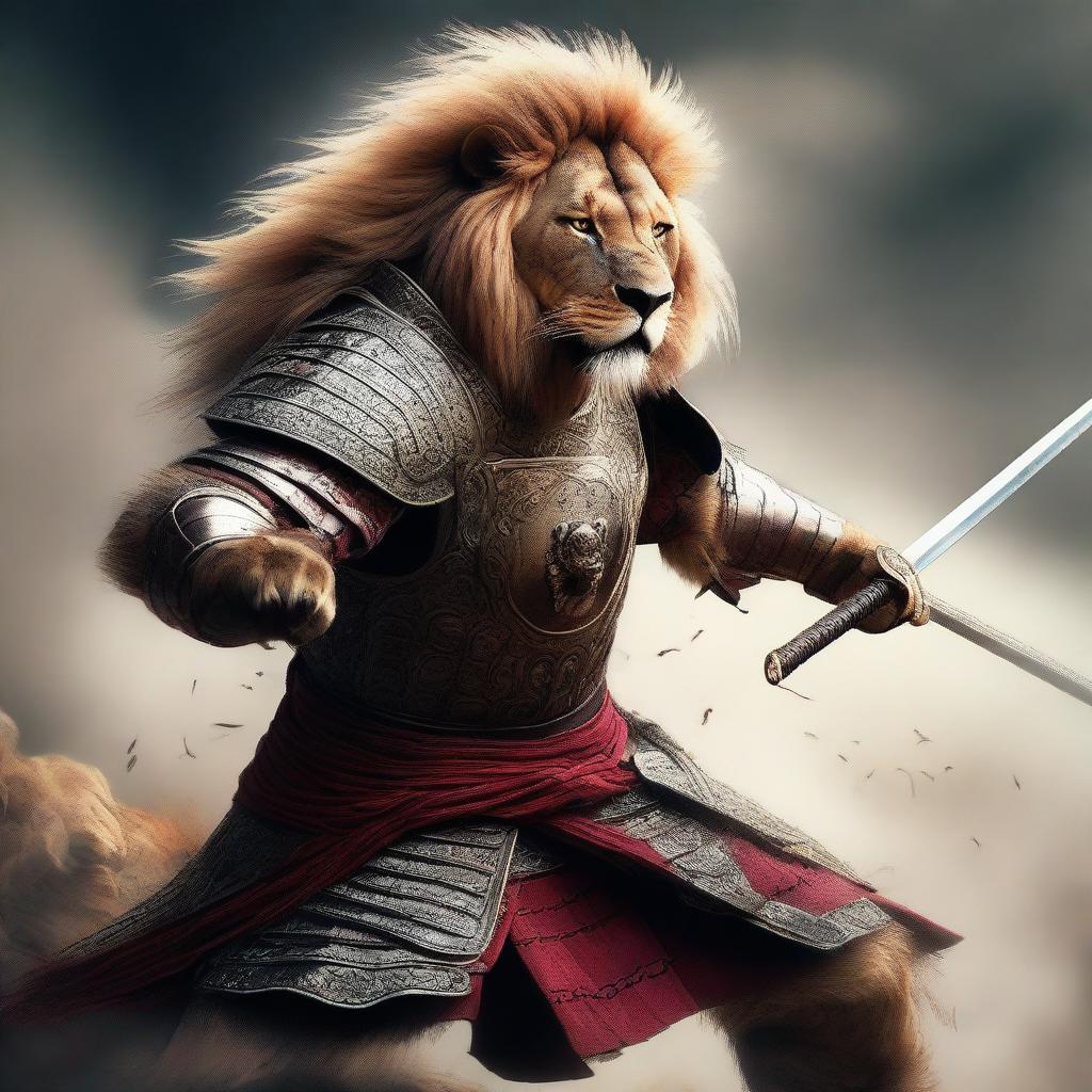 A hyper-realistic digital art image featuring a brave lion in a fierce samurai battle