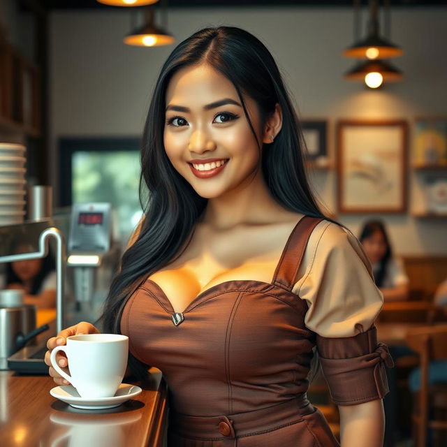 A beautiful Indonesian woman with large breasts, dressed in a stylish café uniform, leaning against the counter of a cozy café, playfully flirting with customers