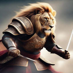 A hyper-realistic digital art image featuring a brave lion in a fierce samurai battle