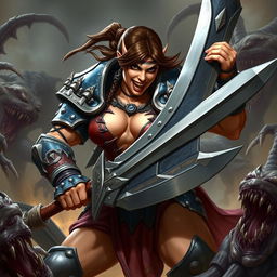 A female half-orc warrior, showcasing an impressive muscular physique combined with a charismatic presence