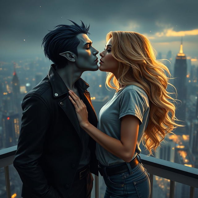 An urban fantasy couple sharing a passionate kiss on a balcony