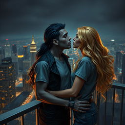 An urban fantasy couple sharing a passionate kiss on a balcony