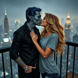 An urban fantasy couple sharing a passionate kiss on a balcony