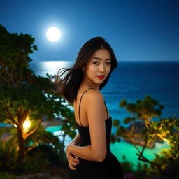A stunning night landscape featuring a beautiful Korean woman posing gracefully and attractively facing the camera