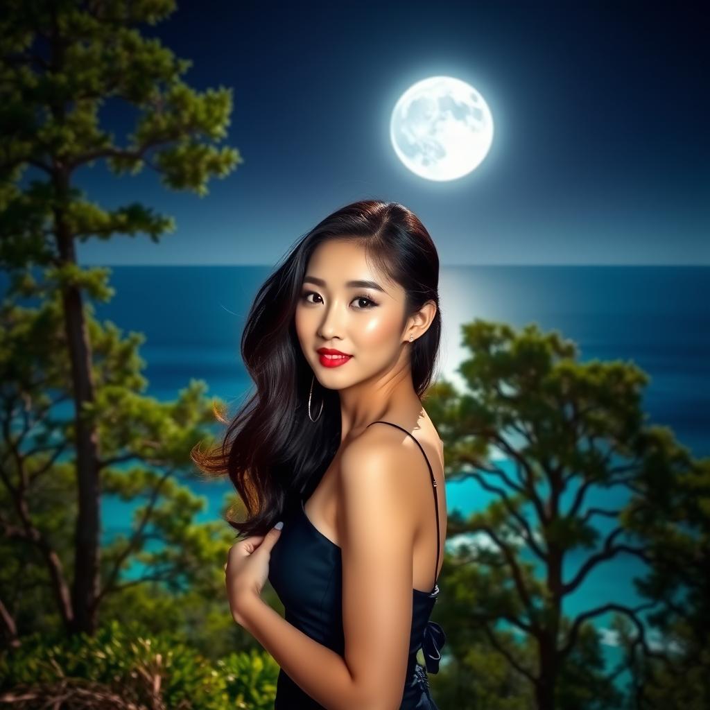 A stunning night landscape featuring a beautiful Korean woman posing gracefully and attractively facing the camera