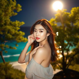 A stunning night landscape featuring a beautiful Korean woman posing gracefully and attractively facing the camera